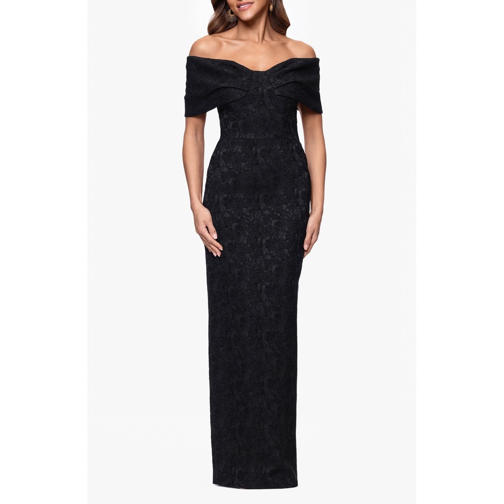 Betsy Adam Black Textured Floral Jacquard Off Shoulder Gown A27307P Petite 4P